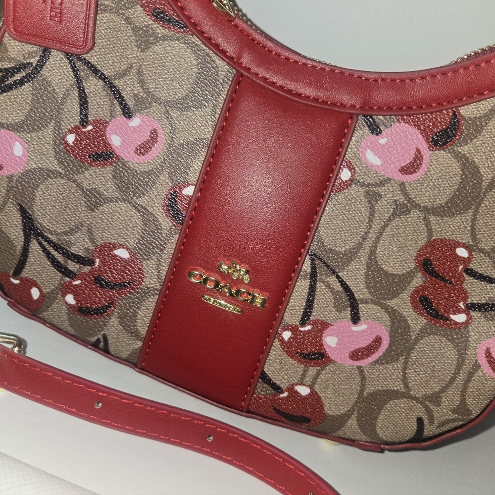 COACH Cherry-Print Signature Canvas Hobo Bag in Red - Picture 2 of 7